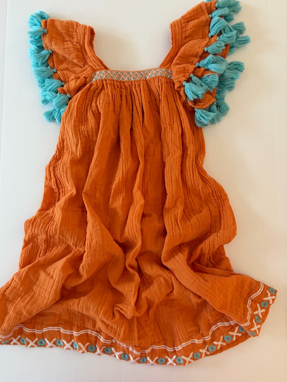 Mer St Barth Serena Tassel Dress Girls Size 12 Orange 100% Cotton